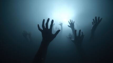 Ghostly Hands Reaching Through a Foggy Space in a Surreal Abstract Scene