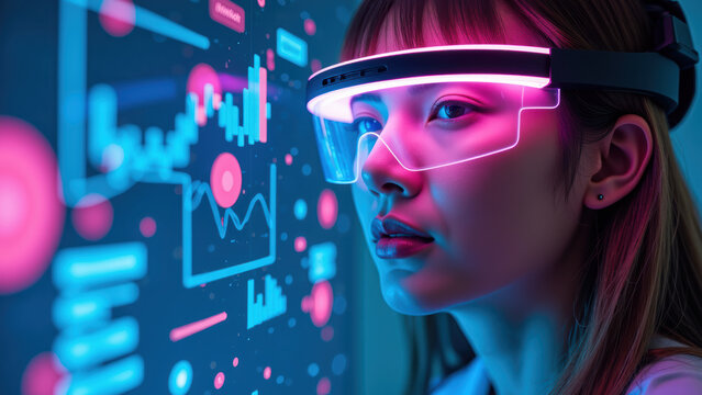 Innovative technology digital interface augmented reality futuristic eyewear data visualization young woman vibrant colors modern design