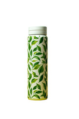Vertical, cylindrical container, white background, decorated with light green leaves on a white surface.  A white lid is visible