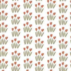 Seamless pattern with red tulips on white background. Vector illustartion with flowers.