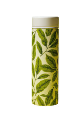 Vertical, cylindrical container, light beige background, detailed green leaf design