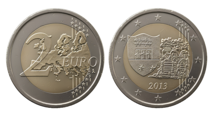 The 2 Euro coin shows Europe’s map and a detailed commemorative design.