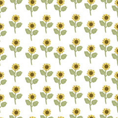 Hand drawn sunflowers pattern on white background. Seamless pattern with sunflowers.