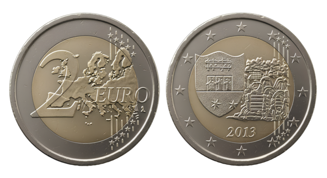 The 2 Euro coin shows Europe’s map and a detailed commemorative design.