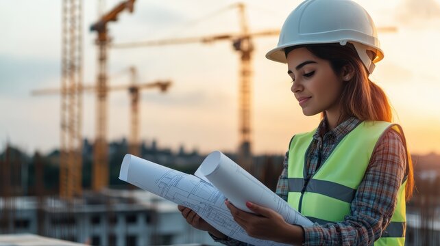 Young female engineer reviews blueprint on active construction site at sunset symbolizing urban development and professional career growth. Concept of work and career.