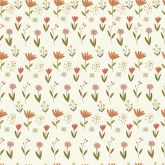 Seamless pattern with different hand drawn flowers. Tulip, daisy, berry and dots cute floral pattern. Vector illustration.