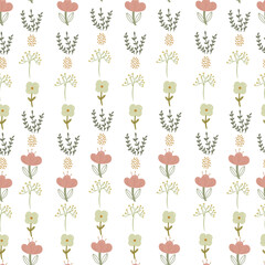Floral pattern on white background, seamless pattern. Vector illustration with different flowers, leaves and berries.