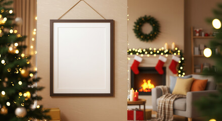 Christmas mockup with empty frame and decorated living room scene  