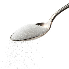 Stainless steel spoon filled with granulated sugar, perfect for food, kitchen, and cooking design elements. Isolated on white or transparent background. PNG format.