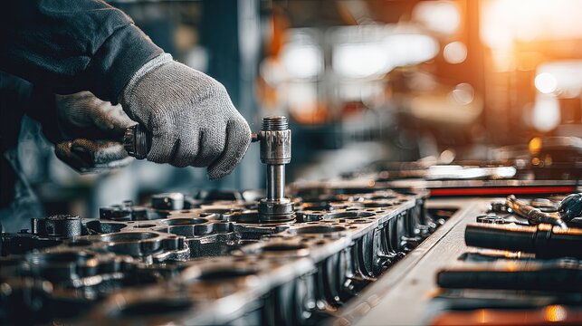 Mechanic Working On Engine Parts In Workshop