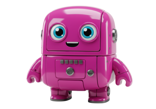 Isolated cute pink robot toy, colorful cartoon character, android, friendly robot, artificial
