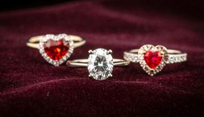 Three rings with gemstones on velvet