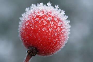 Close-up of a red berry covered in sparkling ice crystals and frost