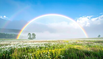 Naklejka premium Fogbow over a pale meadow soft ethereal light and generous right side copy space representing white rainbow suitable for weather science and calm editorial design