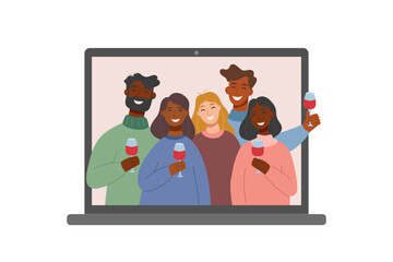 Online celebration concept. Video call with group of people on the screen of laptop. Family, togetherness and friendship concept.  Vector flat clipart.	