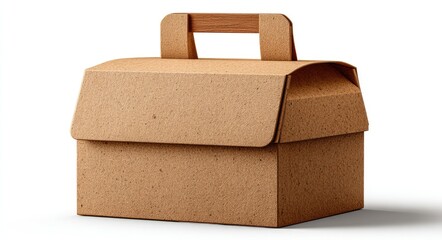 A light brown, rustic cardboard box with a wooden handle, resembling a miniature toolbox or lunch pail, sits on a white background, casting a slight shadow