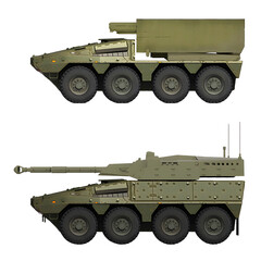 Obraz premium A collection of Boxer-based vehicle concepts (top: Boxer MLRS, bottom: Boxer CRV 105mm). Individual images, in full size, can be found in the portfolio or by name in the site search