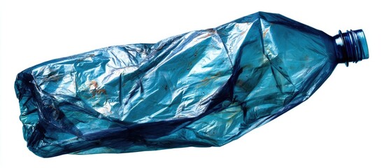 Crumpled teal plastic bottle isolated on white