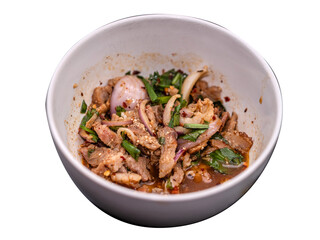 Spicy Thai grilled pork neck salad, juicy and tender meat with herbs, chili, lime, savory authentic flavor.