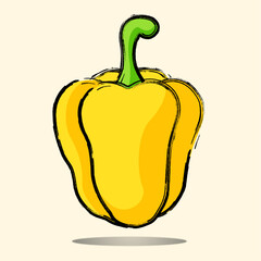 Fresh yellow bell pepper illustration isolated, cartoon vegetable design with green stem, healthy organic food vector