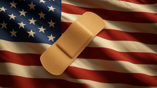 Sticky Adhesive Bandage on American Flag Symbol of Medical Care, Patriotism, and First Aid in Healthcare