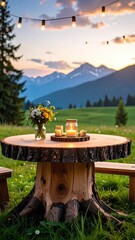 Rustic Tree Stump Table with Candles and Flowers at Sunset