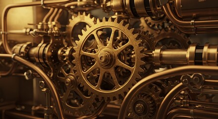 Fototapeta premium Intricate golden gears displaying craftsmanship and engineering innovation.