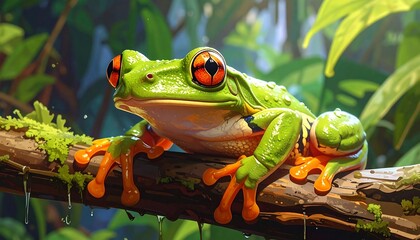 A vibrant green tree frog with striking orange accents rests on a mossy branch in a lush, tropical forest scene.