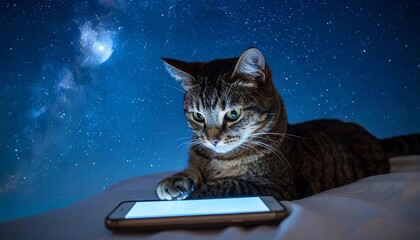 Tabby cat intently viewing a lit phone screen against a starry night sky