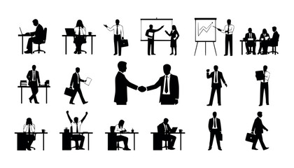 Vector art of collection of business people silhouettes in various poses and activities