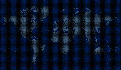 Blue dotted map world composed by a texture of zeros and ones binary digits. Technology background.