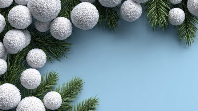 White snowballs & pine boughs frame a light blue background