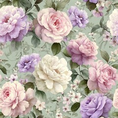 Seamless floral pattern with roses, peonies, and forget-me-nots in soft pink, lavender, and white, with green vines on sage background in romantic watercolor vintage style