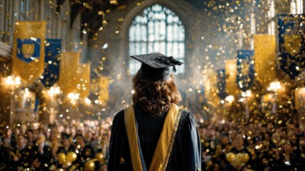 Obraz premium Woman In Graduation Gown At Celebration Ceremony With Gold Confetti