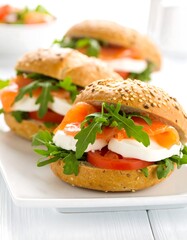 Three salmon and mozzarella bagels
