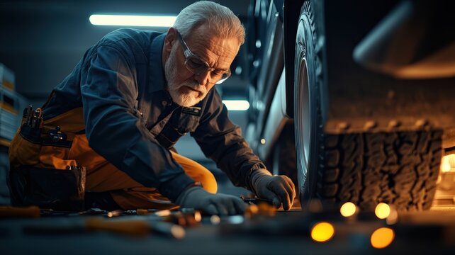 Senior mechanic demonstrates intense focus during detailed auto repair and vehicle maintenance task in well lit workshop. Concept of happy work and career.