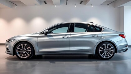 Sleek silver sedan, pristine interior, showroom lighting,  reflection,  new car