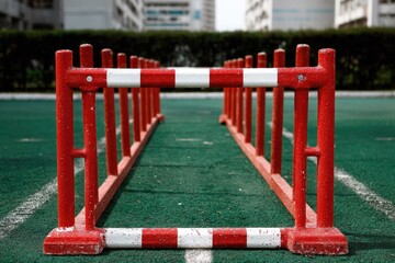Red and white agility hurdles on a green surface