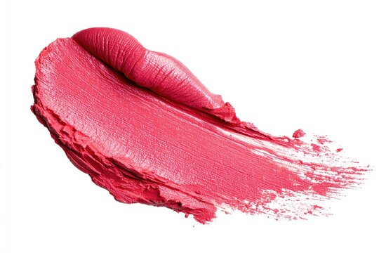 A vibrant pink lipstick smear, textured and slightly glossy, is swiped across a white background, resembling a lip shape