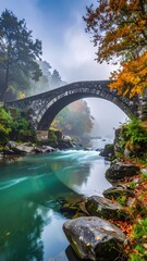 Fototapeta premium Misty Autumn River Bridge