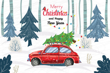 Winter forest textured with a red retro car carrying a Christmas tree. Merry Christmas. Abstract panorama of forest glade with fir trees, bushes and tree trunks. Textured background.