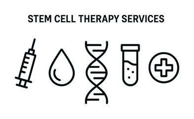 Stem cell therapy services icons: syringe, dna helix, blood drop, test tube, medical cross
