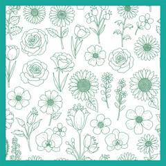 Floral Pattern with Roses Daisies and Orchids in Teal Outline.