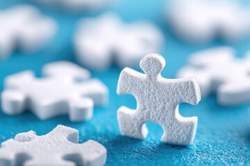 Close-up of white puzzle pieces on blue surface