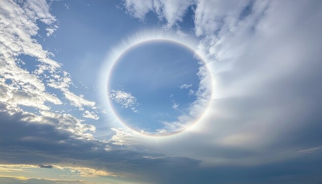 Faint parhelic circle as a horizontal arc in a pale sky with generous central copy space representing halo optics suitable for weather science education and clean backgrounds
