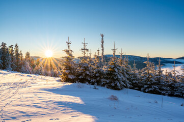Panoramic view from Pancir mountain in Sumava national park with hills and forests rising above...