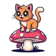 Playful Feline on Magic Mushroom: A charming cartoon cat with vibrant fur and sparkling eyes perches atop a whimsical, red-capped mushroom, exuding an air of enchantment and wonder. 