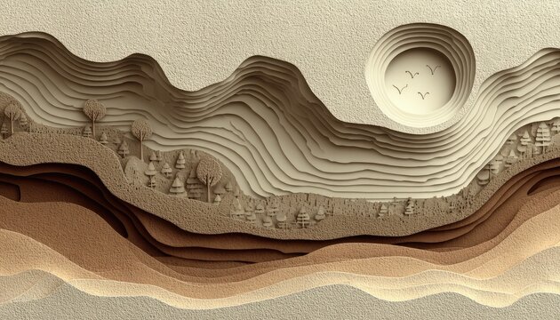 Layered papercut landscape depicting rolling hills, a forest, and a moonlit sky with birds