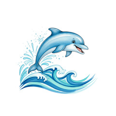 Fototapeta premium A blue cartoon silhouette of a jumping dolphin fin in the ocean