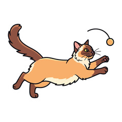 Siamese Cat Plays with Ball: A playful Siamese cat is caught mid-air, reaching for a bouncing ball, captured in a charming illustration with simple lines and a clean, uncluttered style. 